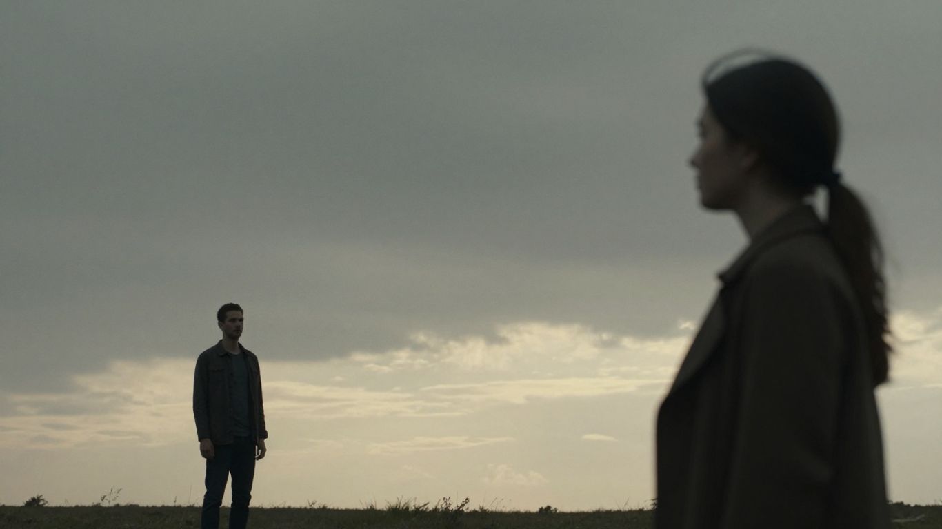 Contrast between male and female figures against different skies.