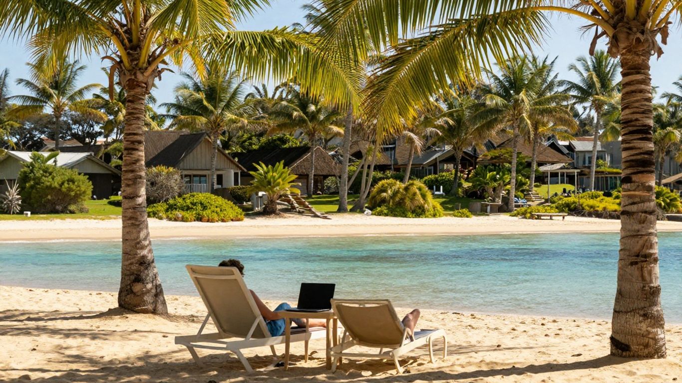 Relaxing on Australian beach with laptop, passive income.