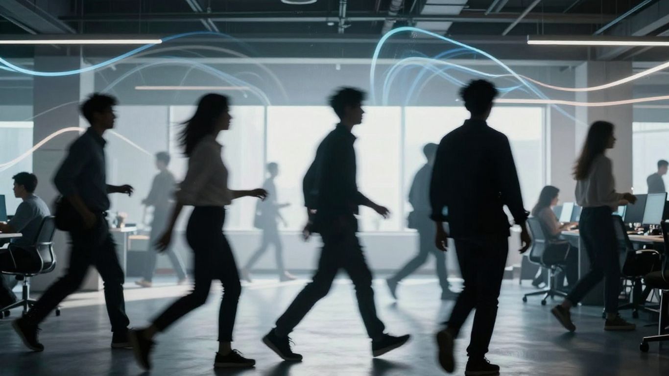 Startup scene with people and light trails.