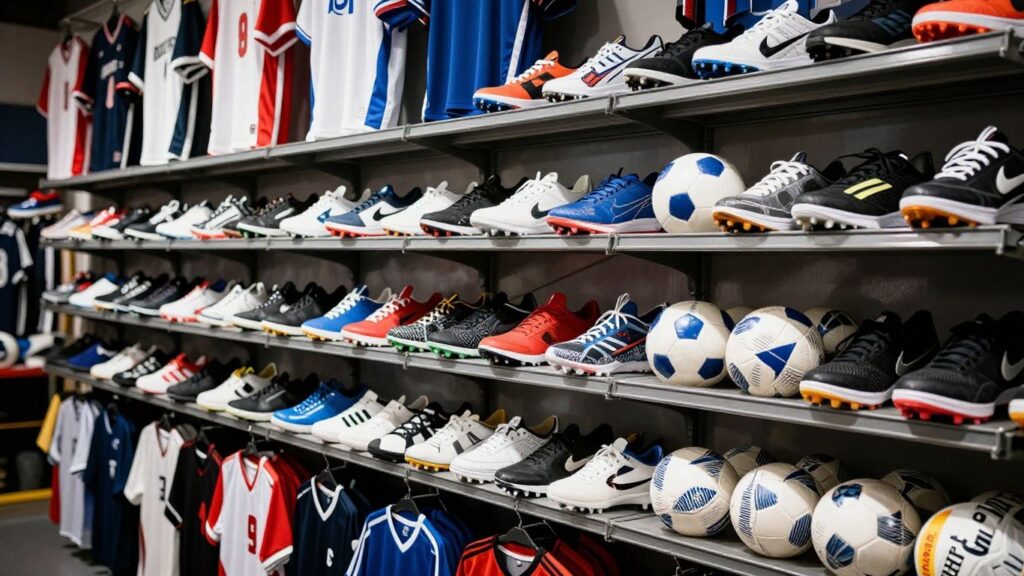 Sports gear and apparel neatly arranged in a shop.