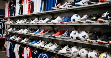 Sports gear and apparel neatly arranged in a shop.