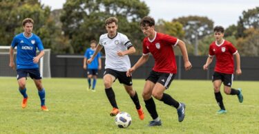 Soccer players in action on a green field.