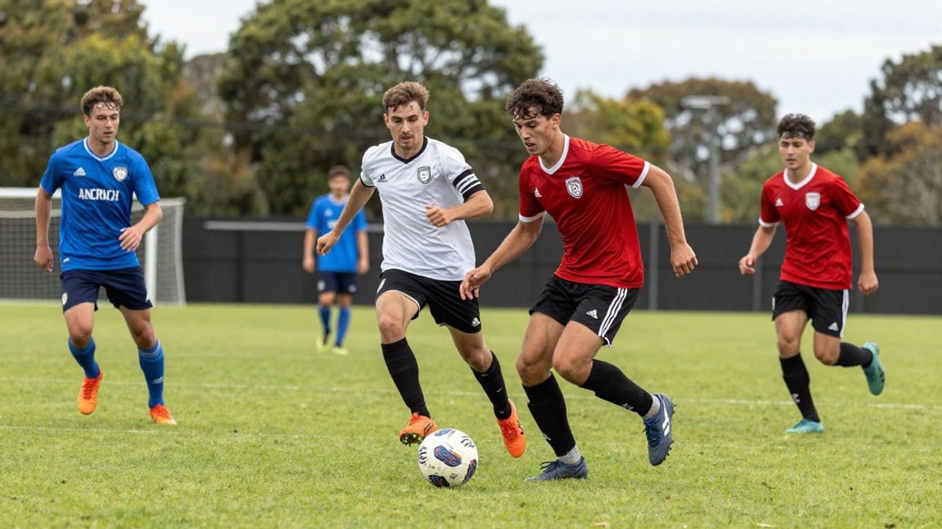 Soccer players in action on a green field.