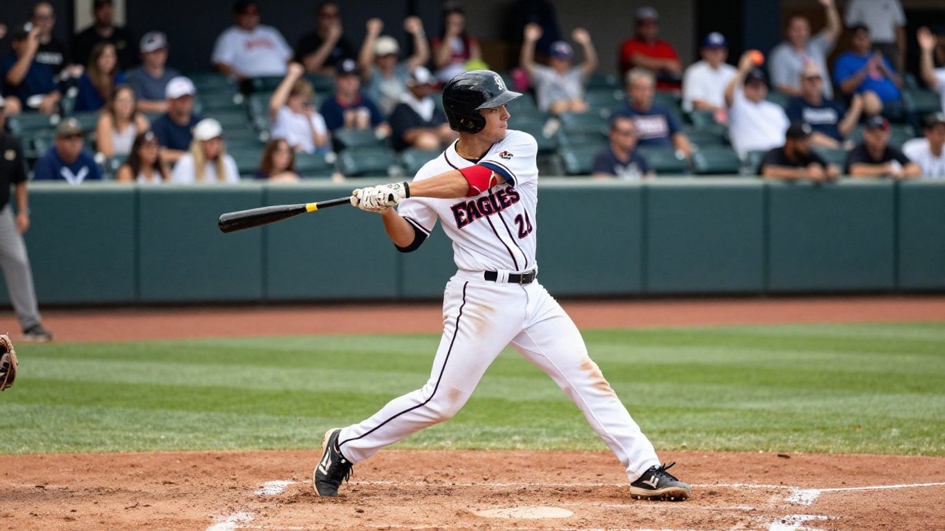 Fresno Eagles baseball player swinging bat on field.