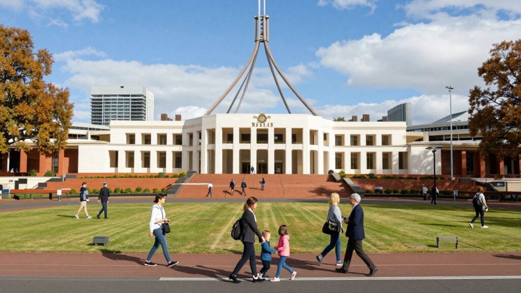 Parliament House Canberra with people in autumn