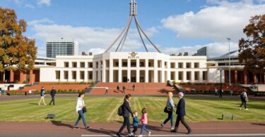Parliament House Canberra with people in autumn