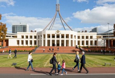 Parliament House Canberra with people in autumn