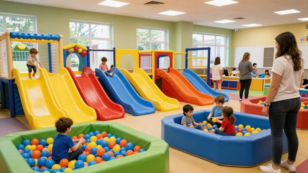 Kids playing joyfully in a colourful Richmond playcentre.