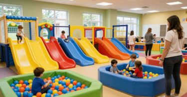 Kids playing joyfully in a colourful Richmond playcentre.
