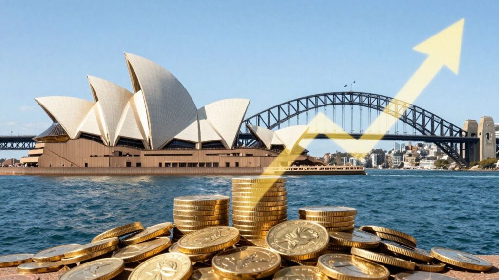 Australian landmarks with emerging golden coins and growth.