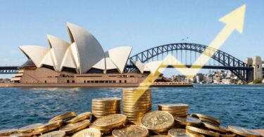 Australian landmarks with emerging golden coins and growth.