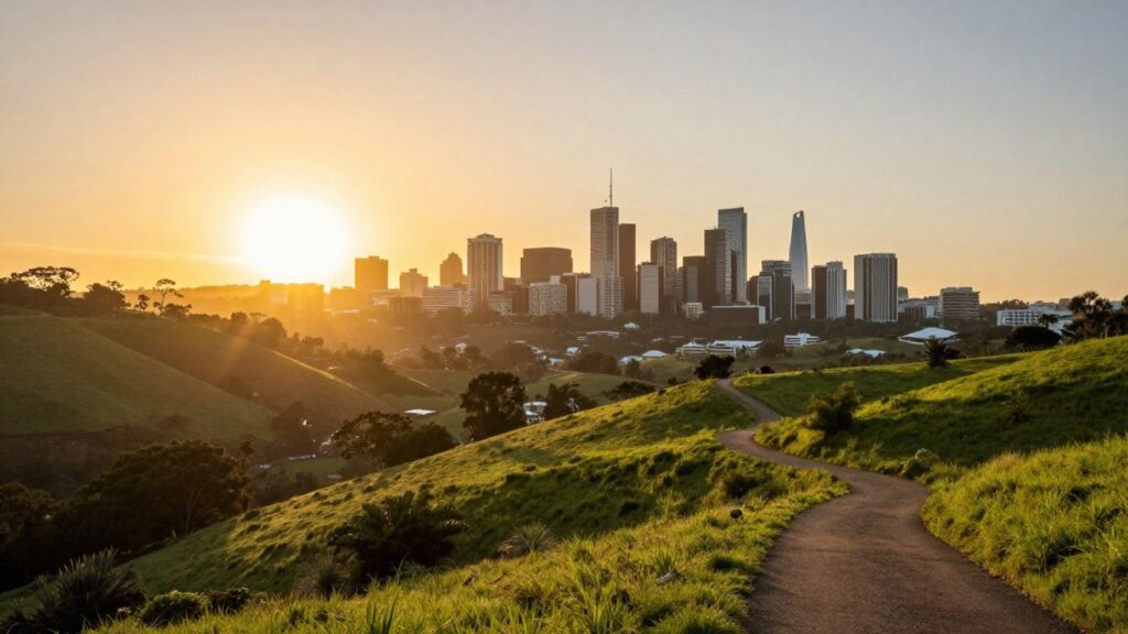 Australian landscape sunrise path to city buildings