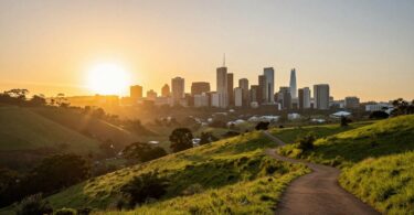 Australian landscape sunrise path to city buildings