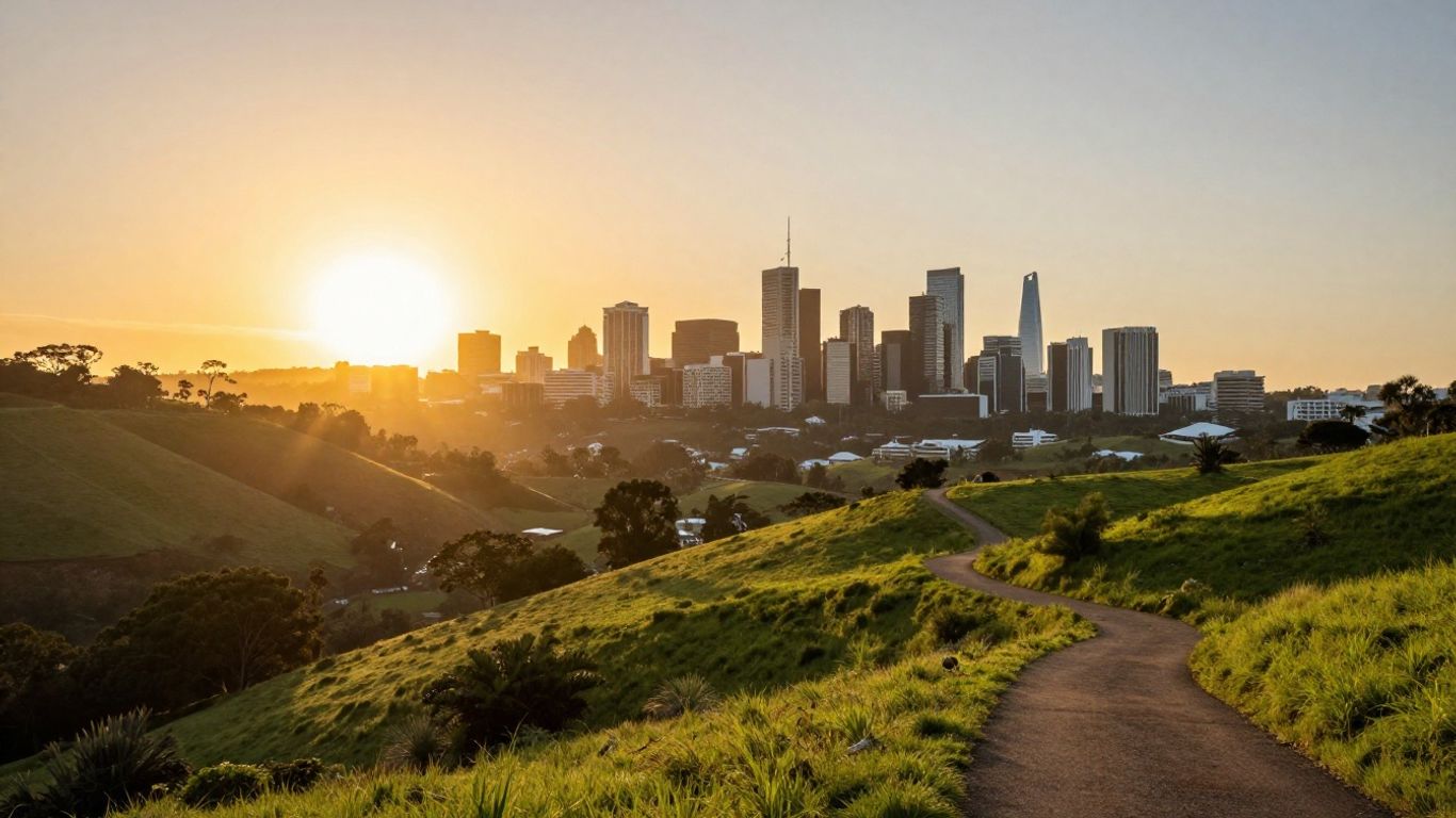 Australian landscape sunrise path to city buildings
