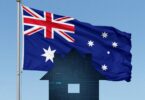 Australian flag and abstract house graphic
