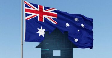 Australian flag and abstract house graphic