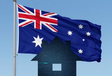 Australian flag and abstract house graphic