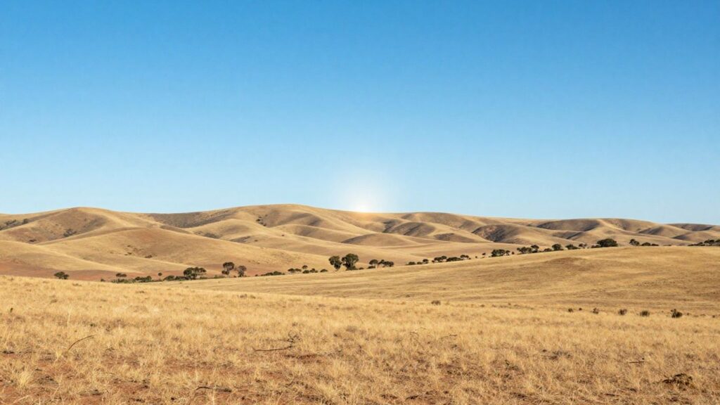 South Australian landscape with sunlit hills and blue sky.