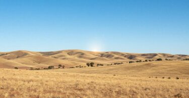 South Australian landscape with sunlit hills and blue sky.