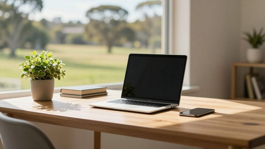 Australian home office with laptop and sunny view.