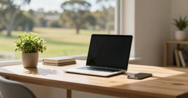 Australian home office with laptop and sunny view.