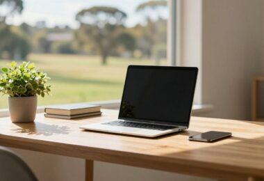 Australian home office with laptop and sunny view.