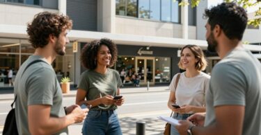 Aussie entrepreneurs collaborating in a sunny urban setting.