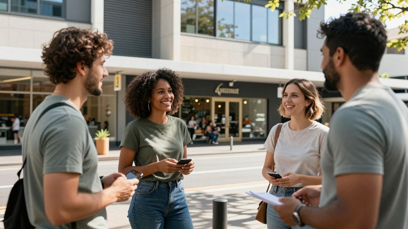 Aussie entrepreneurs collaborating in a sunny urban setting.