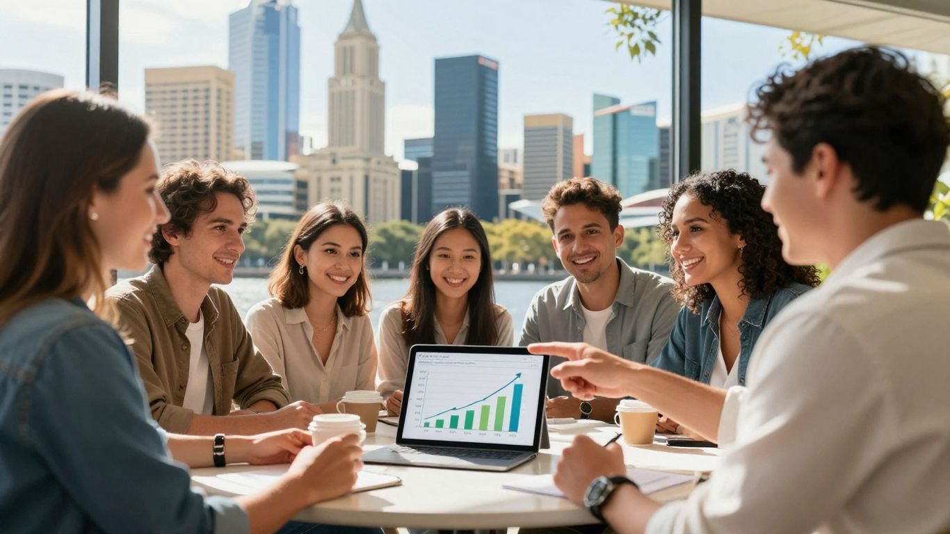 Aussies planning business growth in a sunny city.