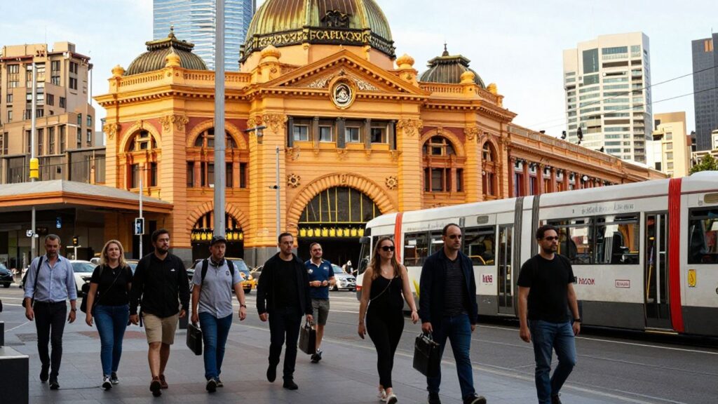 Melbourne street with people and trams.