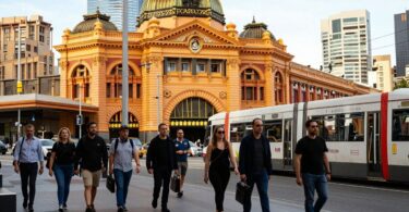 Melbourne street with people and trams.