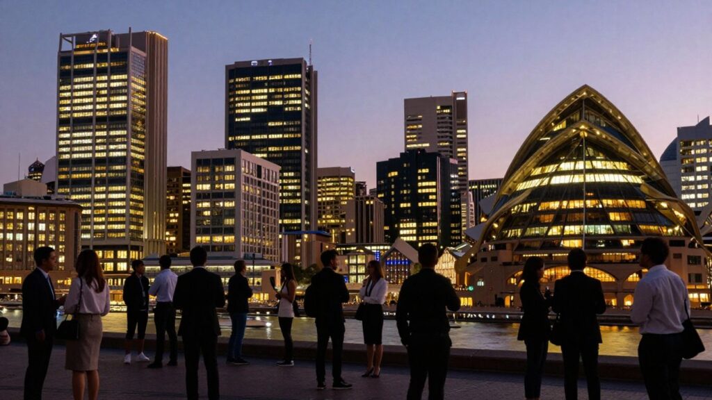 Australian startup scene with city skyline and professionals.