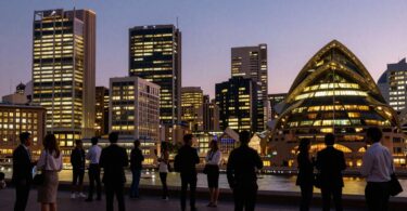 Australian startup scene with city skyline and professionals.