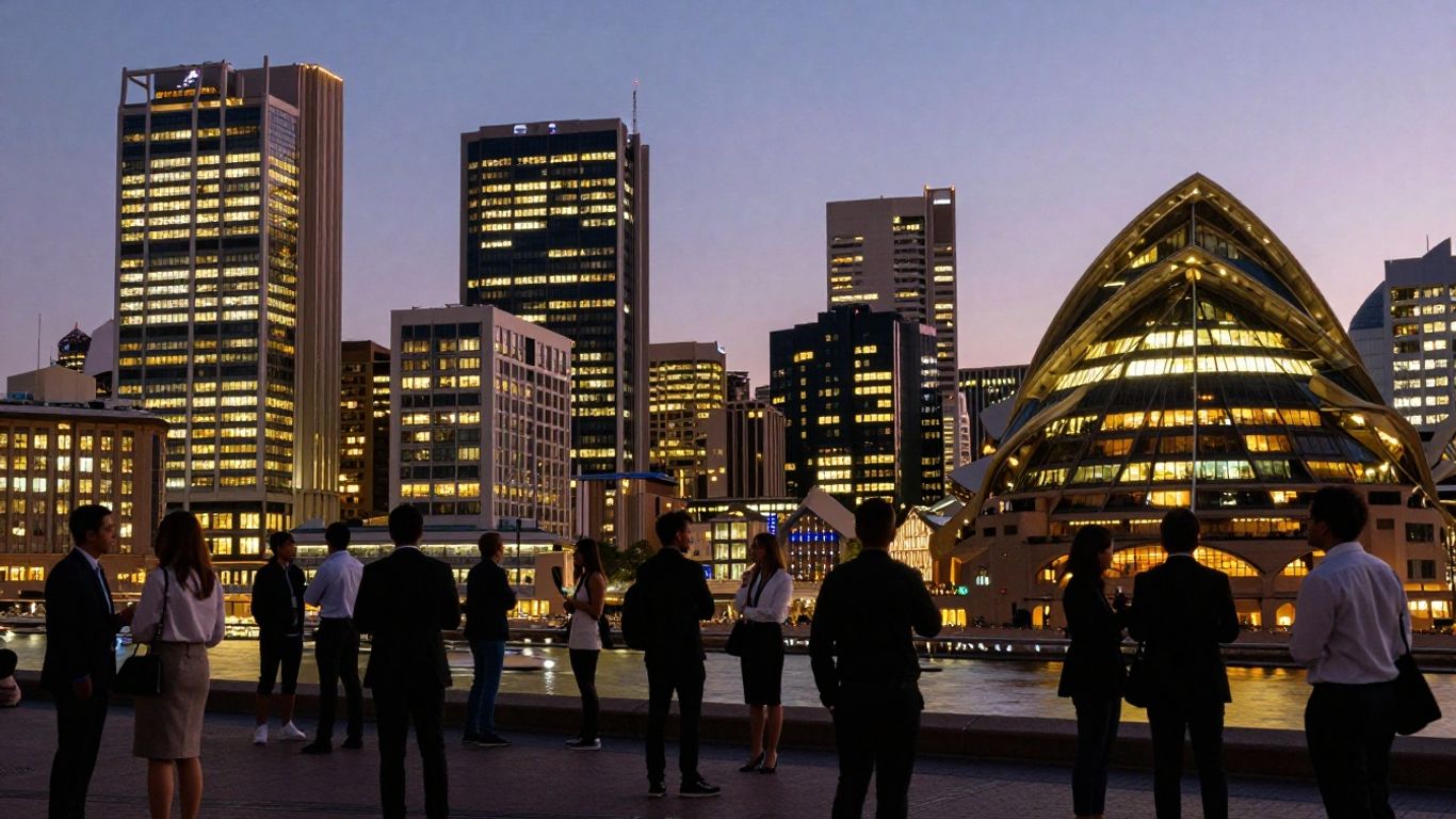 Australian startup scene with city skyline and professionals.