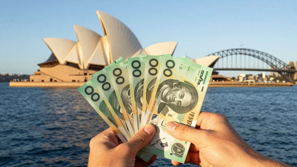 Australian dollars flying in front of Sydney Opera House.