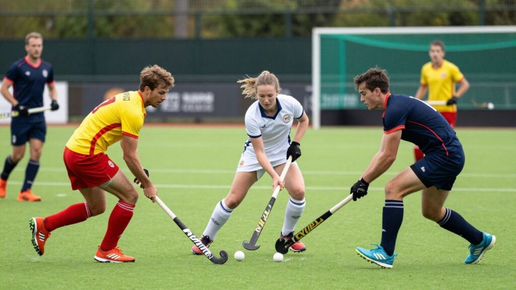 Ryde Hockey Club players in action on a grassy field.