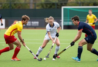 Ryde Hockey Club players in action on a grassy field.