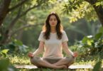 Person meditating in sunlight, surrounded by nature.