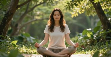 Person meditating in sunlight, surrounded by nature.