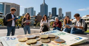Melbourne skyline and people earning money.