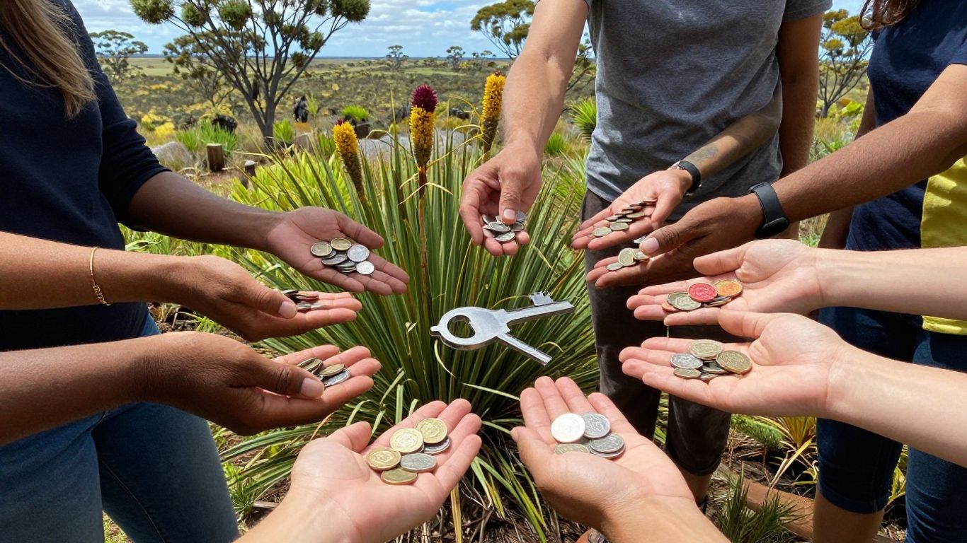 People reaching for coins and key in WA landscape.