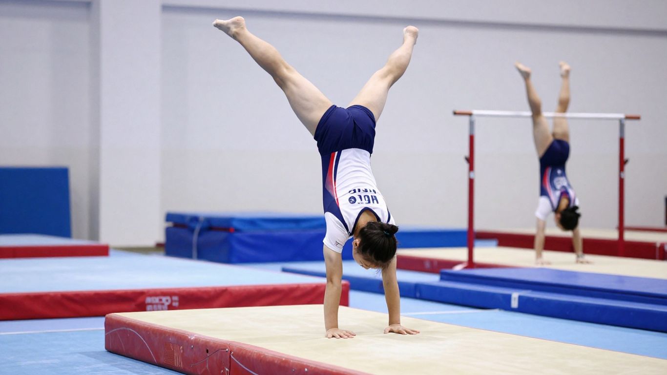 Gymnast performing on balance beam in Auckland.