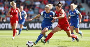 A-League Women's soccer match action on the field.