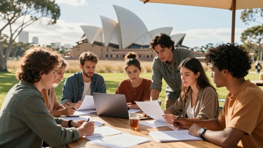 People discussing funding opportunities at a table.