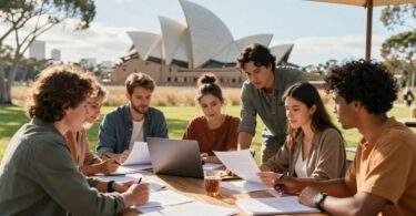 People discussing funding opportunities at a table.