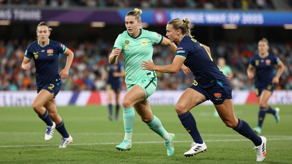 Australian Women's Team playing soccer on field.