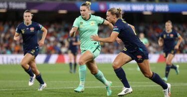 Australian Women's Team playing soccer on field.