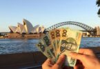 Sydney skyline with money, earning cash in Australia.