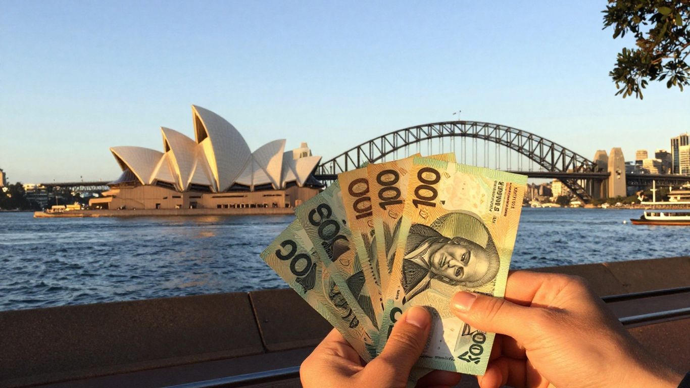 Sydney skyline with money, earning cash in Australia.