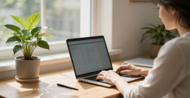 Person working on laptop at home, earning money.